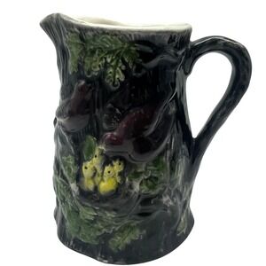 Vintage Majolica Black pitcher Birds nest Purple yellow